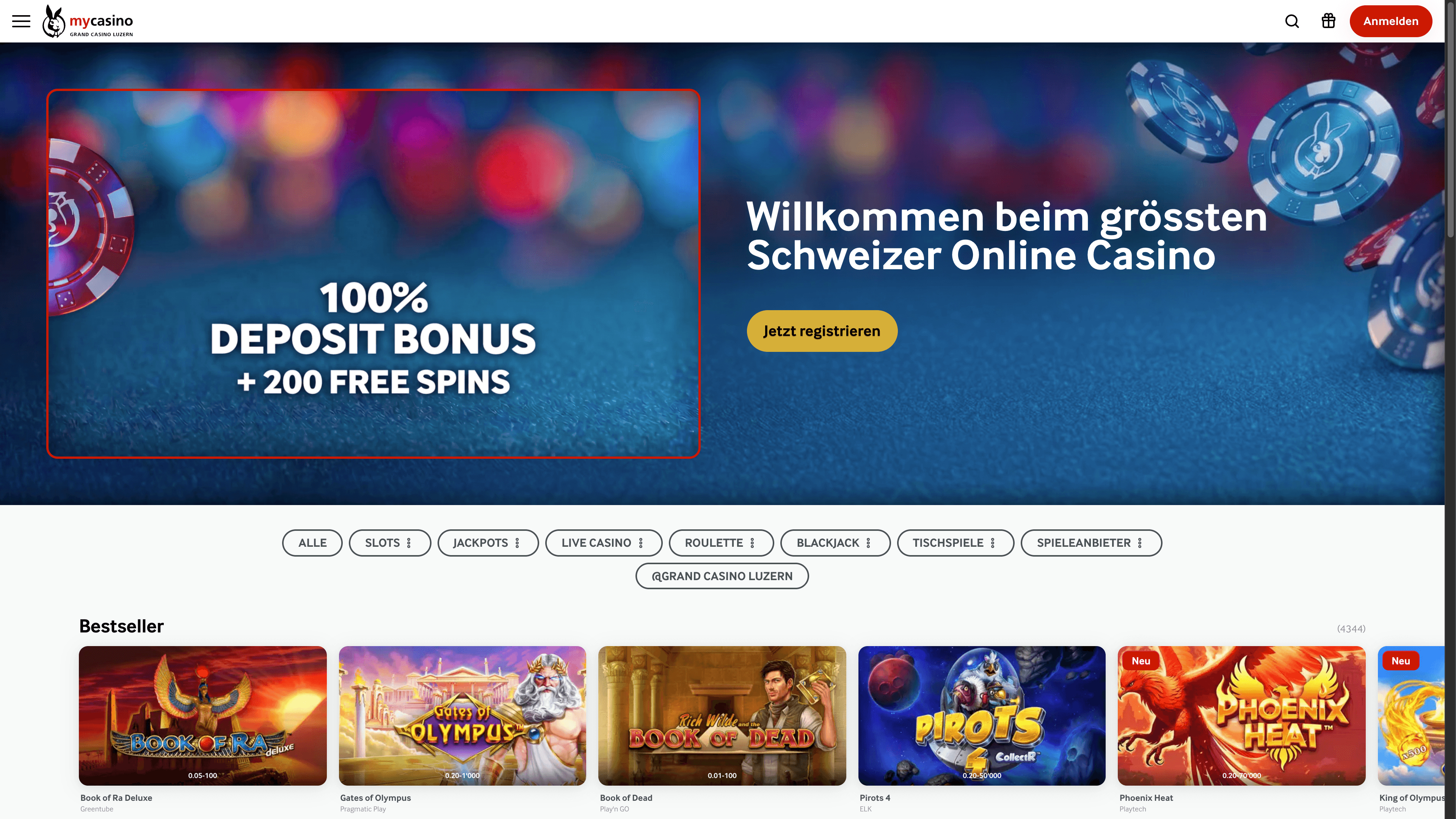 mycasino-Startseite mit Bonus und Freispielen, Filtern für Slots und Tischspiele sowie Bestseller-Auswahl